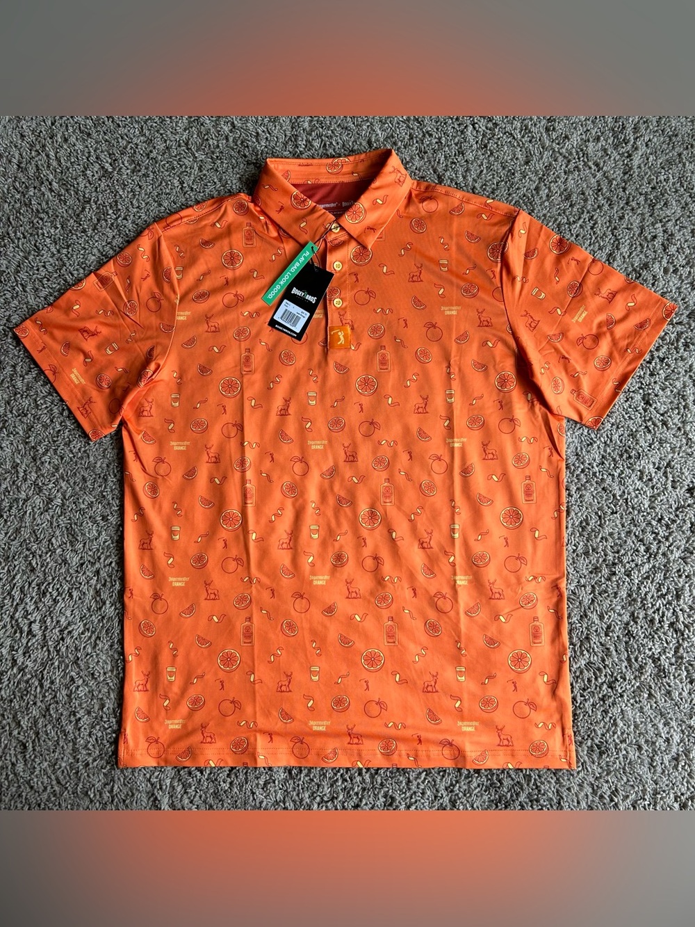 NWT Jagermeister X Bogey Bros Golf Polo Men Large Orange Iconic Glass Bottle AOP